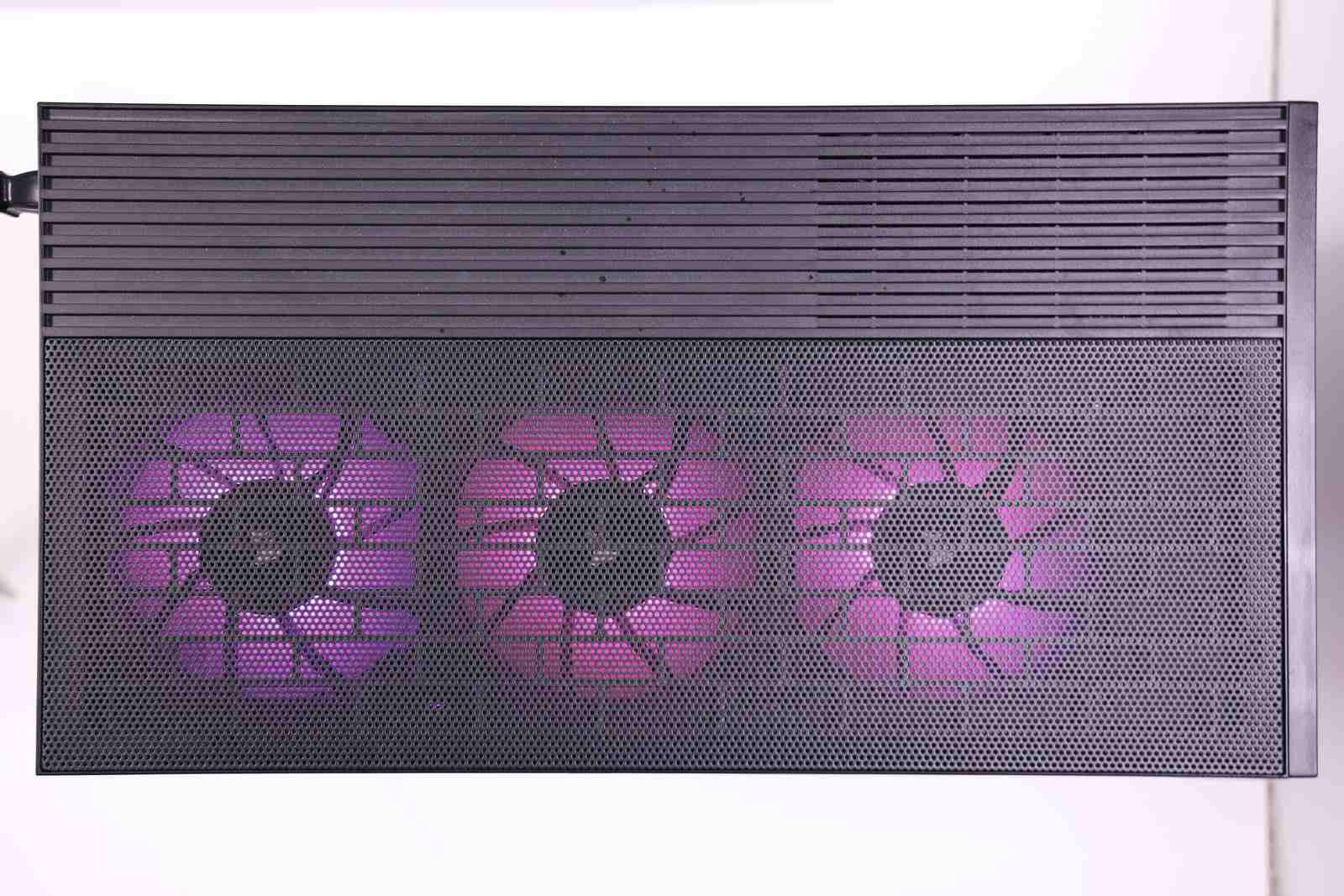 Top mesh panel of a finished build with violet fans beneath